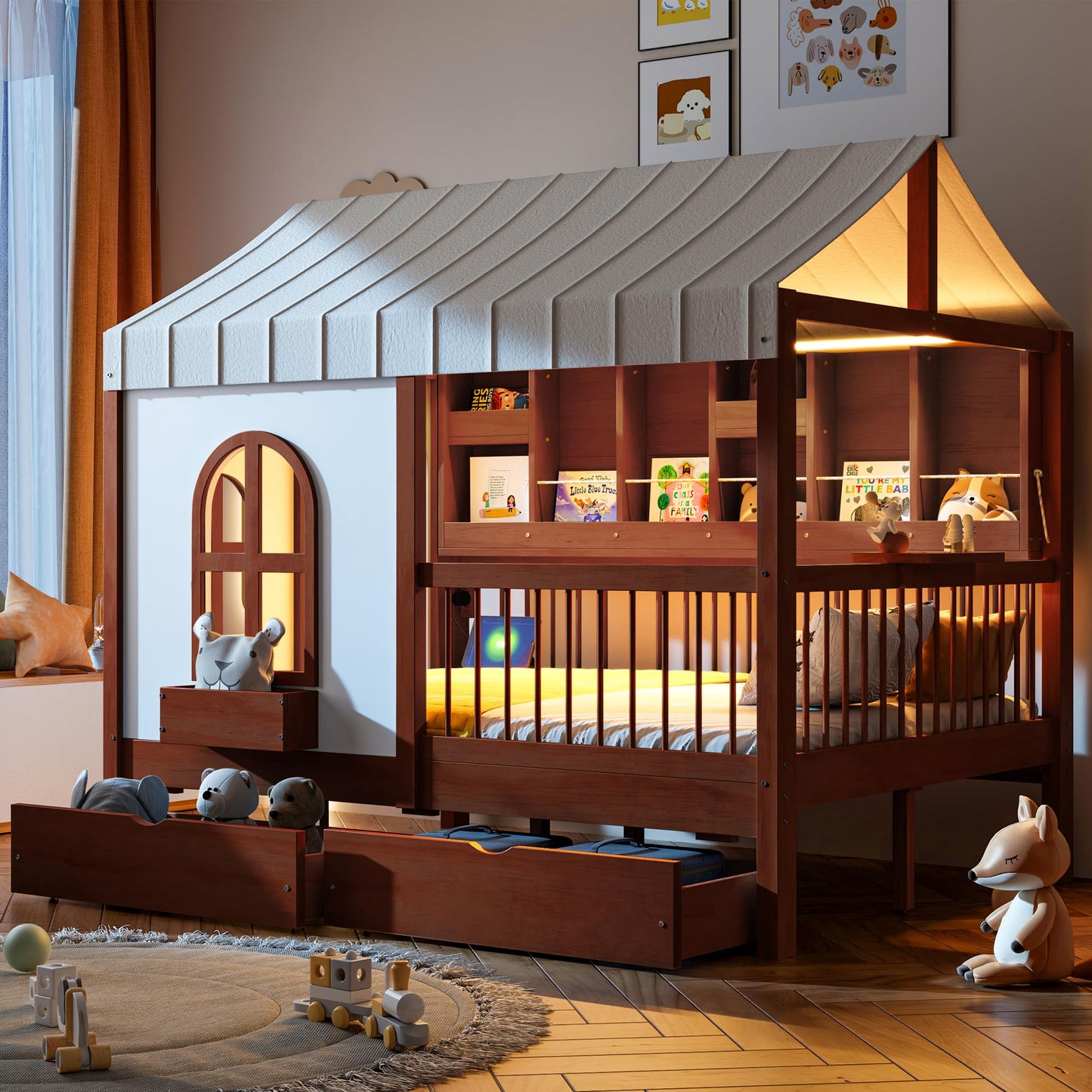 House Bed with Drawers and Bookshelf Storage