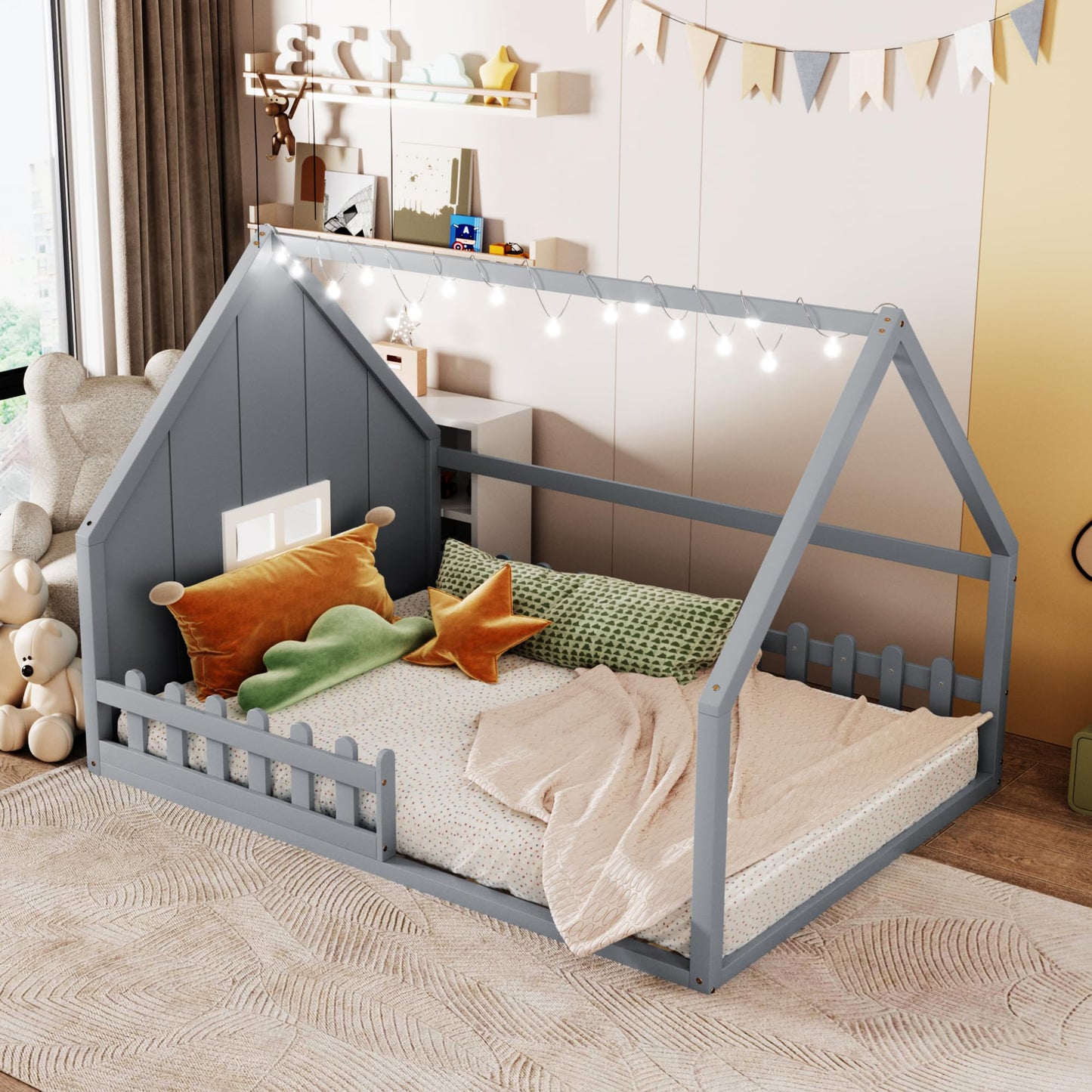 House Bed with Sofa, Storage Drawers and Shelves