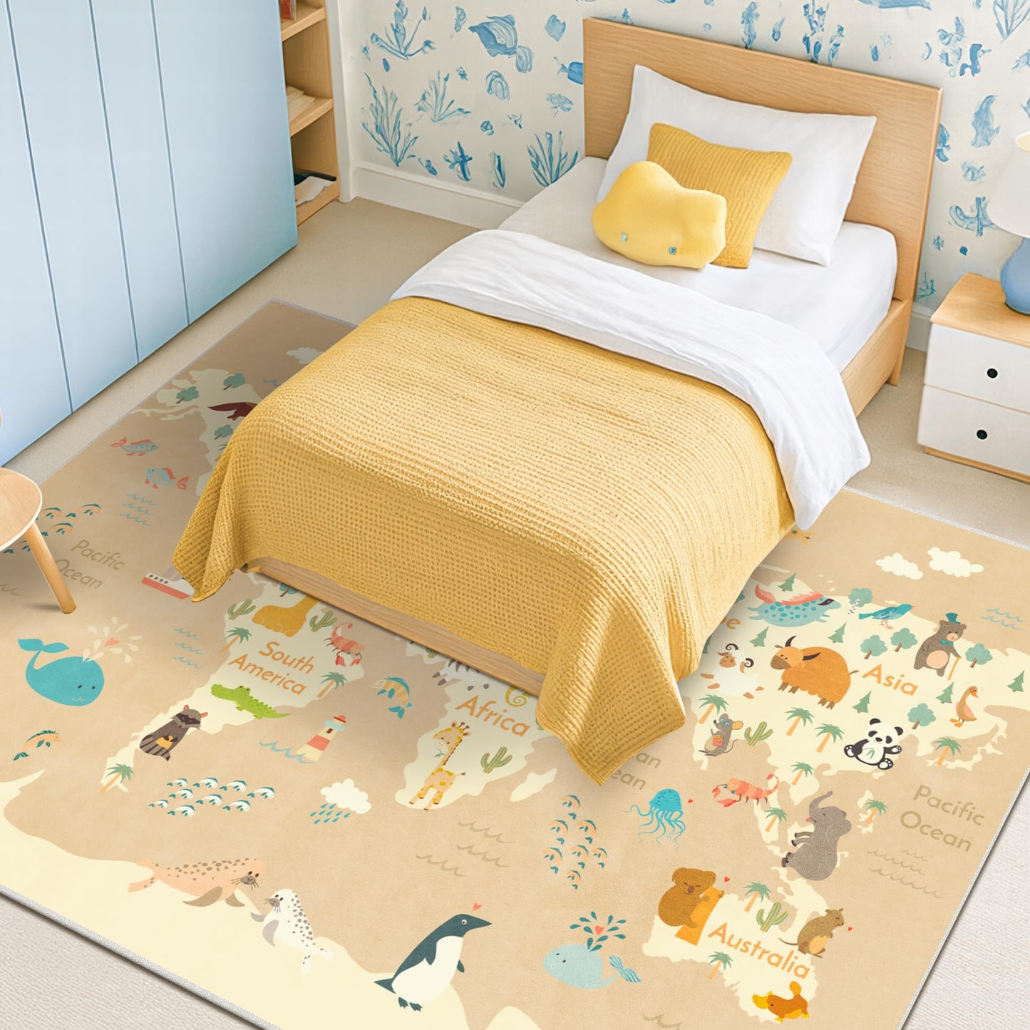 Washable Kids Play Rug with Colorful Map Design