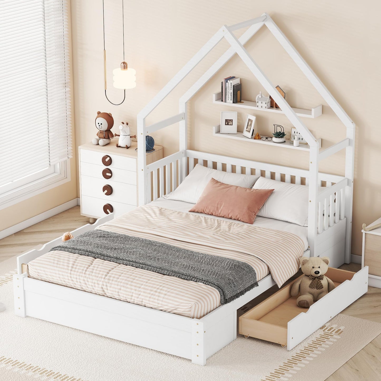 House Bed with Sofa, Storage Drawers and Shelves
