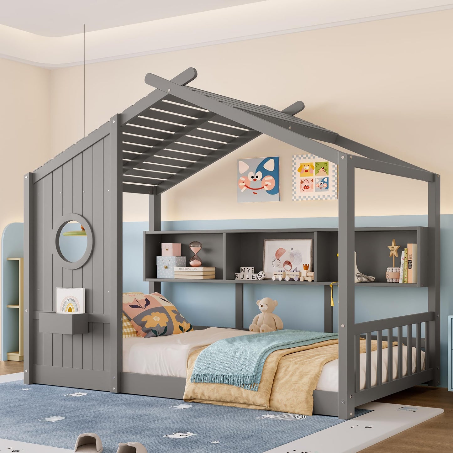 Kids House Bed Frame with Storage Shelves