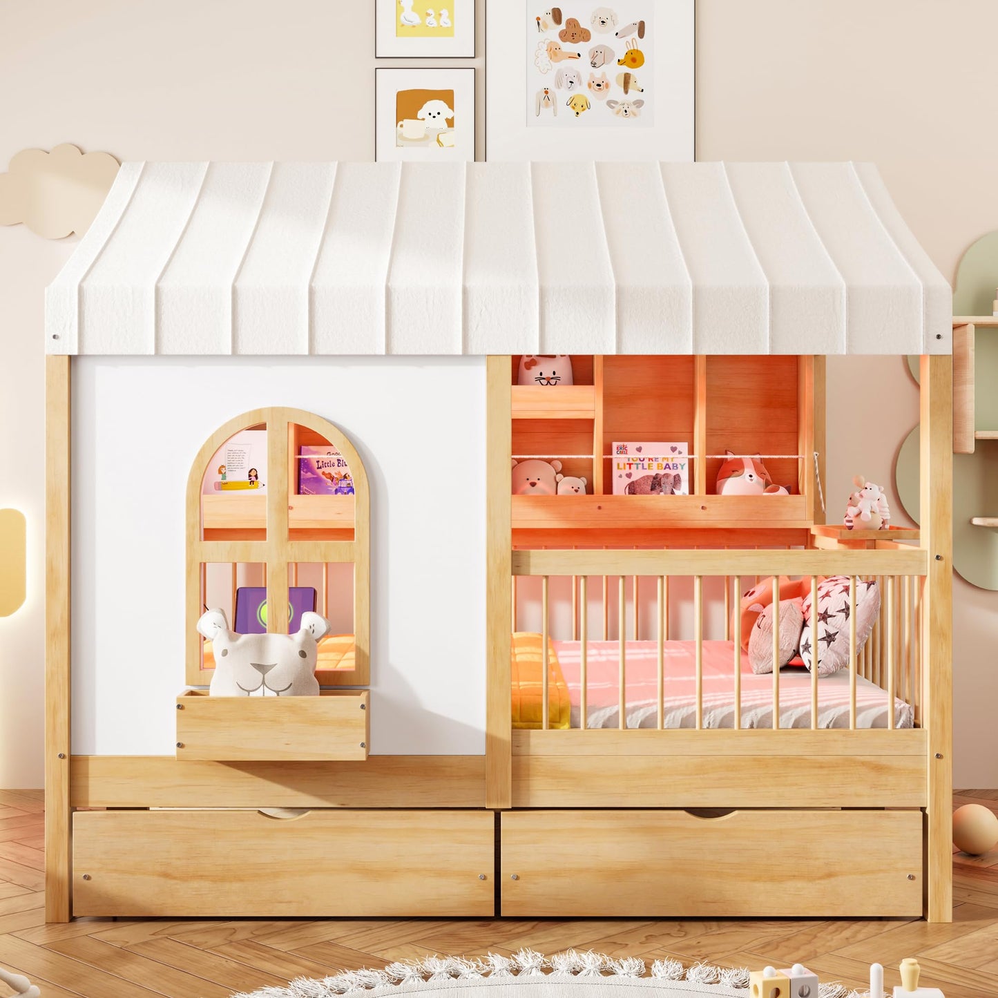 House Bed with Drawers and Bookshelf Storage