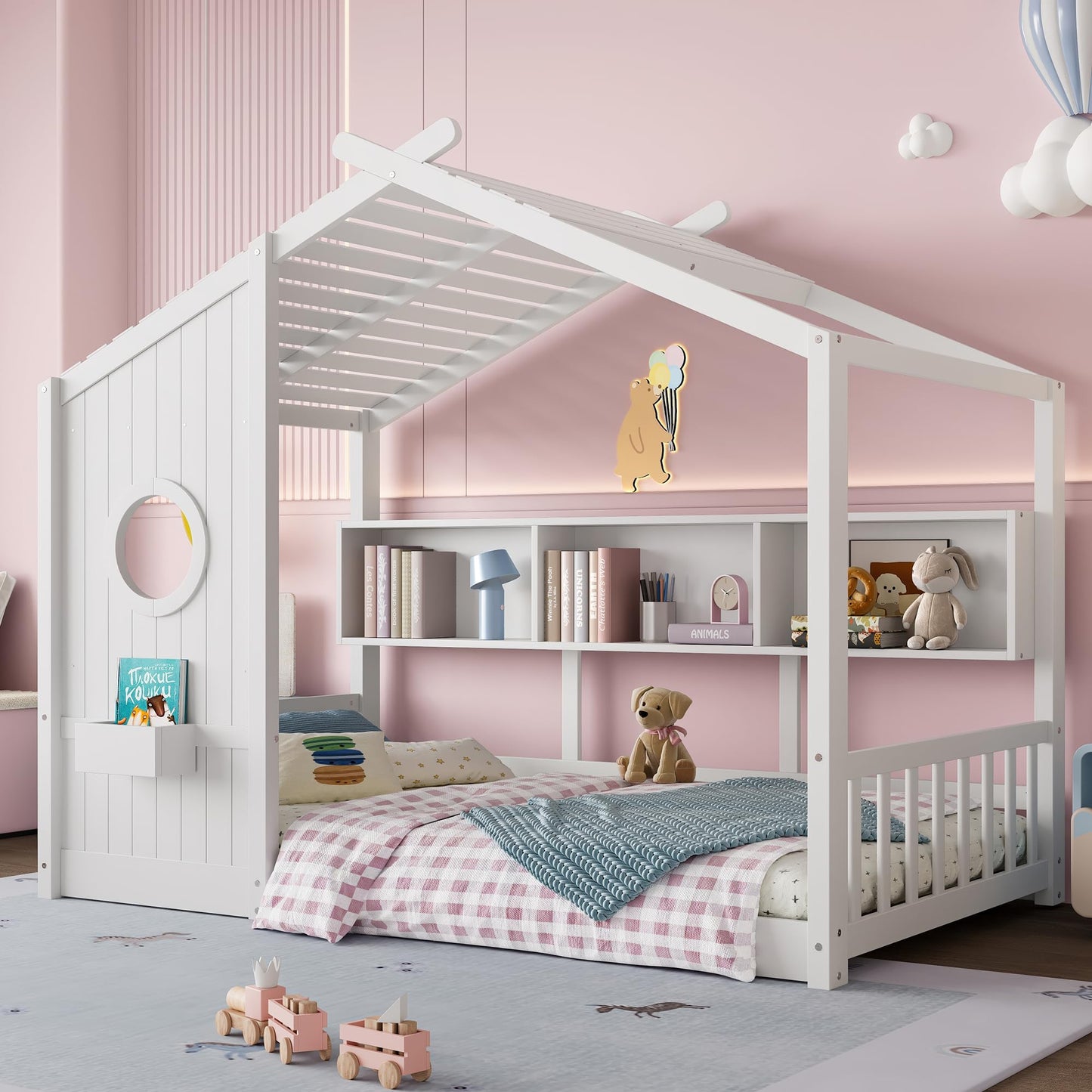Kids House Bed Frame with Storage Shelves