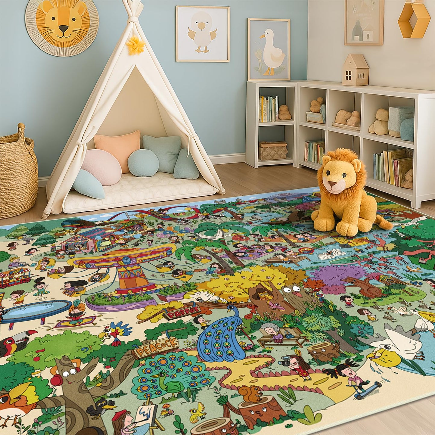 Washable Kids Play Rug with Colorful Map Design