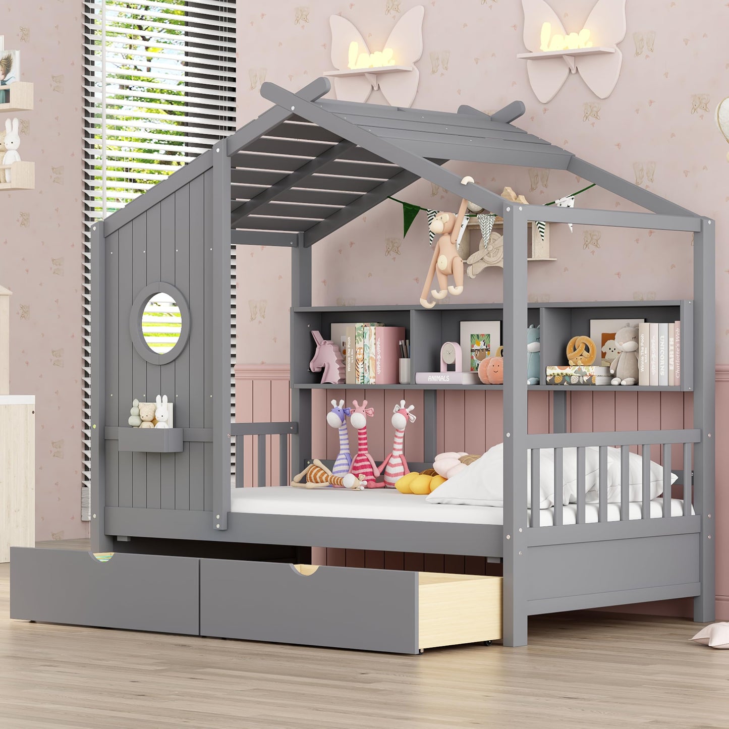 Kids House Bed Frame with Storage Shelves