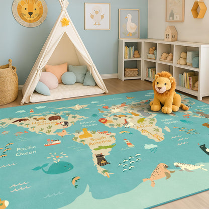 Washable Kids Play Rug with Colorful Map Design