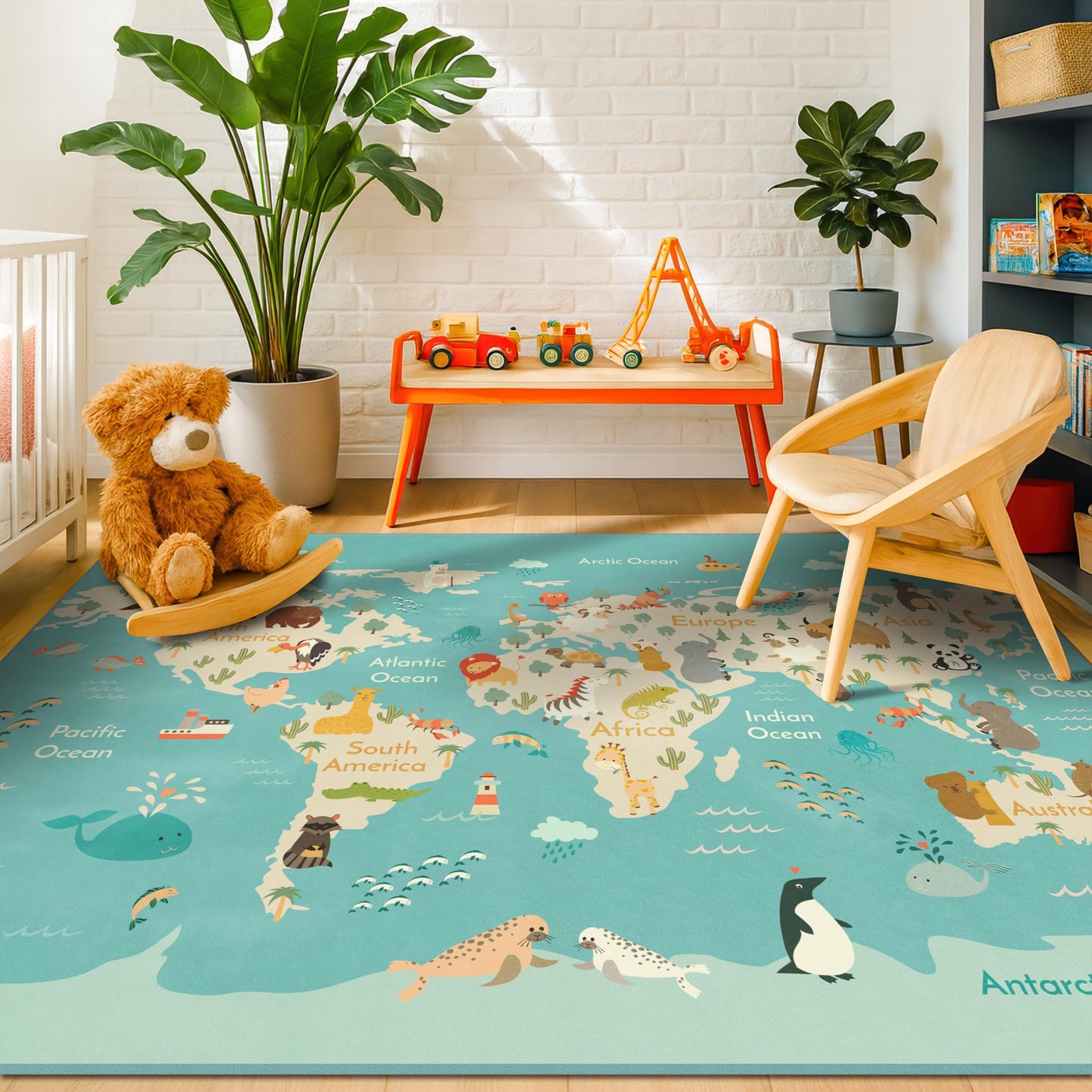 Washable Kids Play Rug with Colorful Map Design