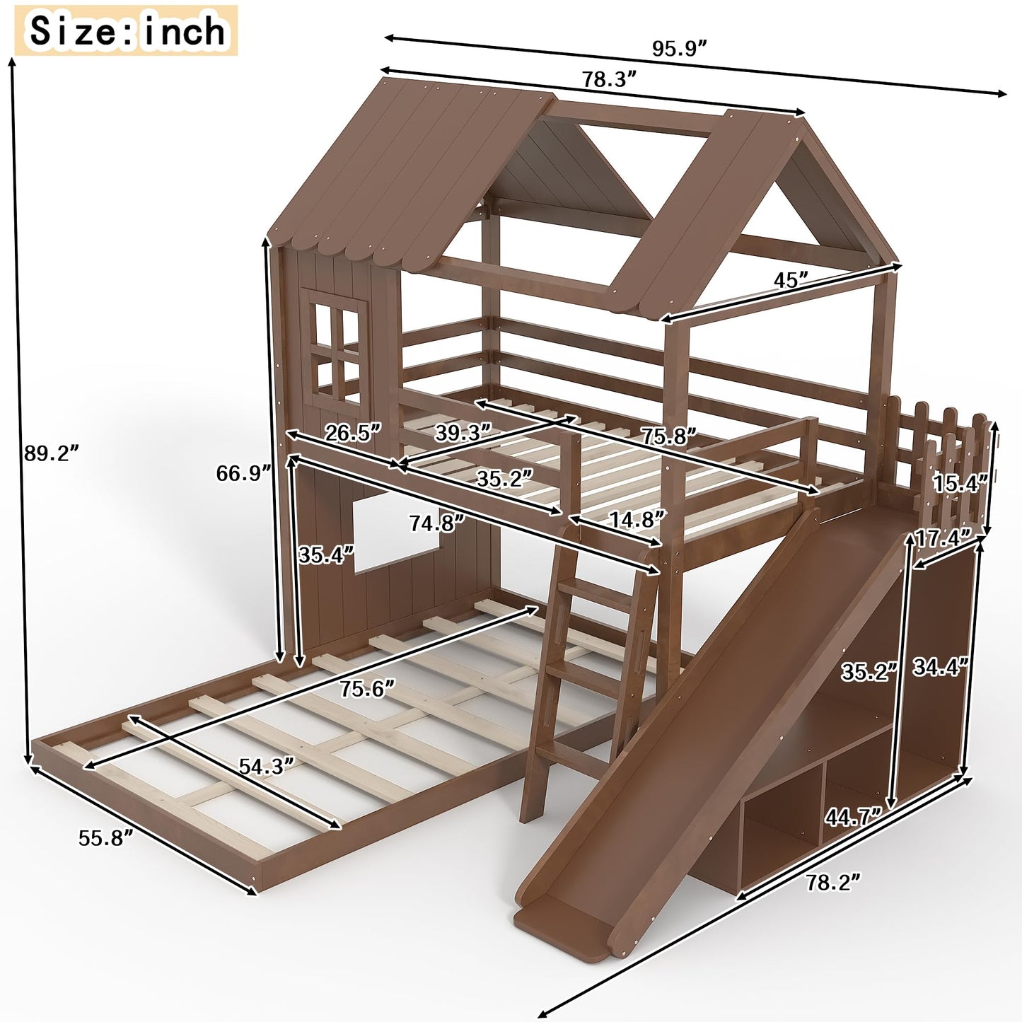 House Bunk Bed with Storage Shelves and Slide