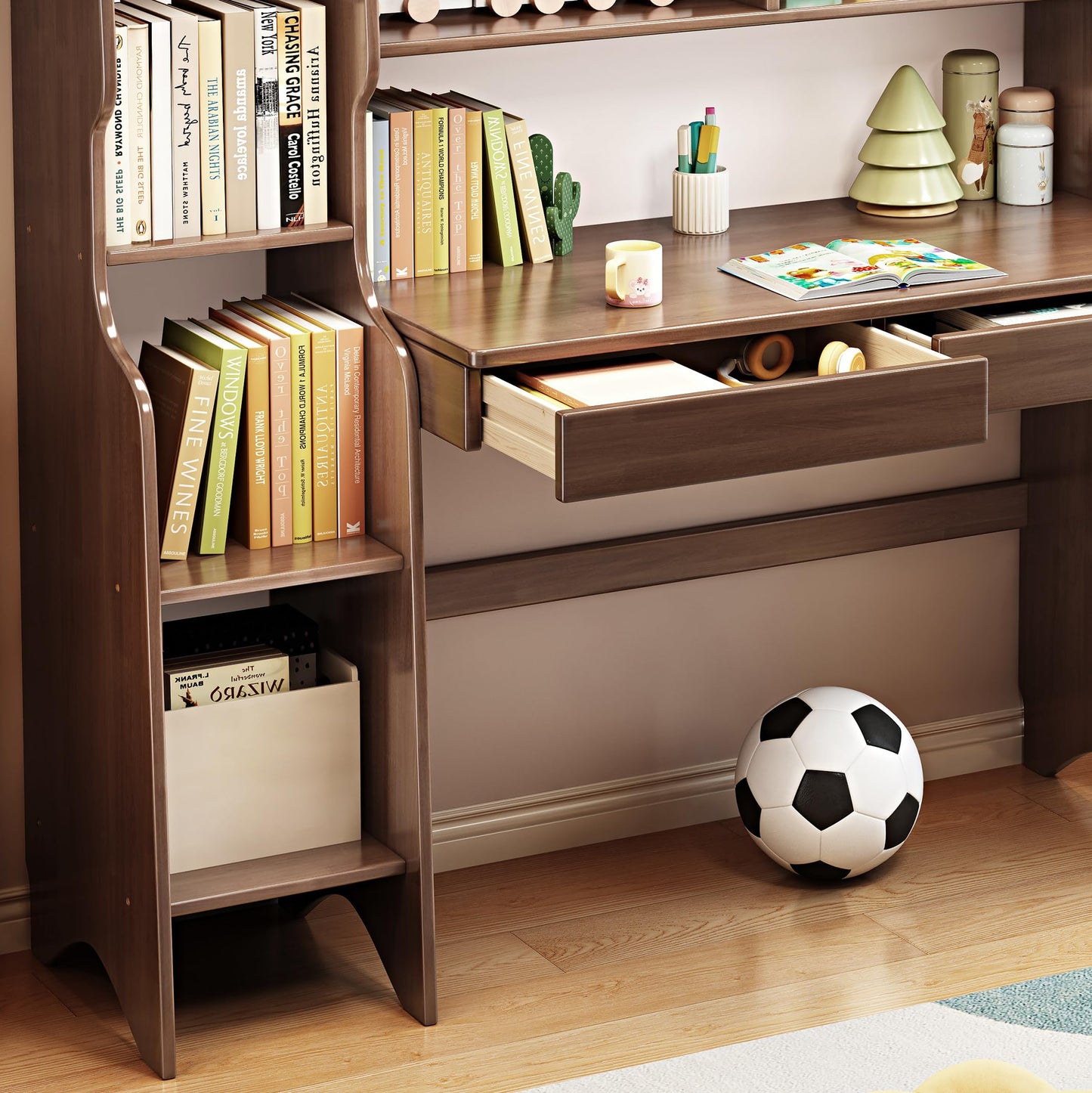 Kids Study Desk with Drawers and Bookshelf