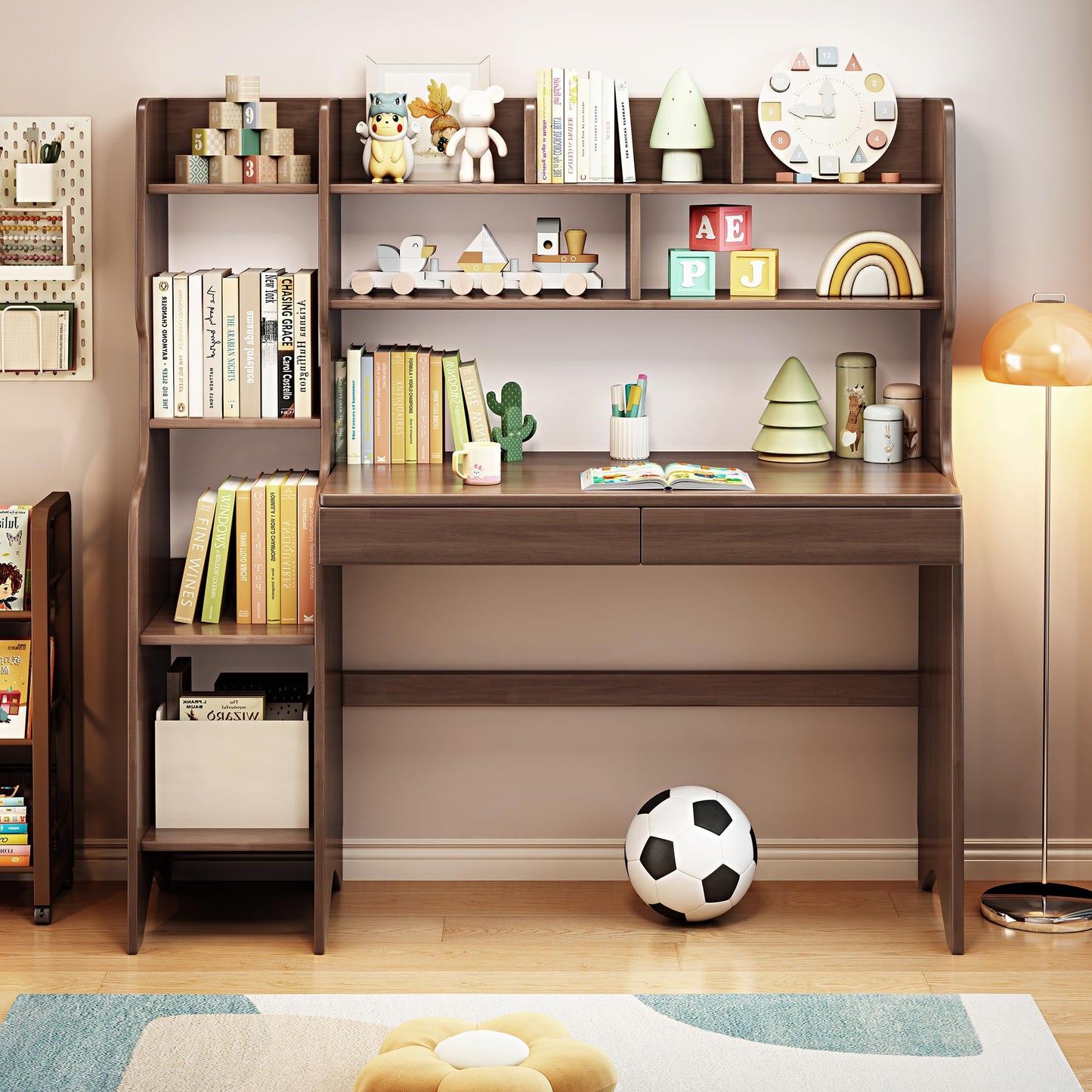 Kids Study Desk with Drawers and Bookshelf