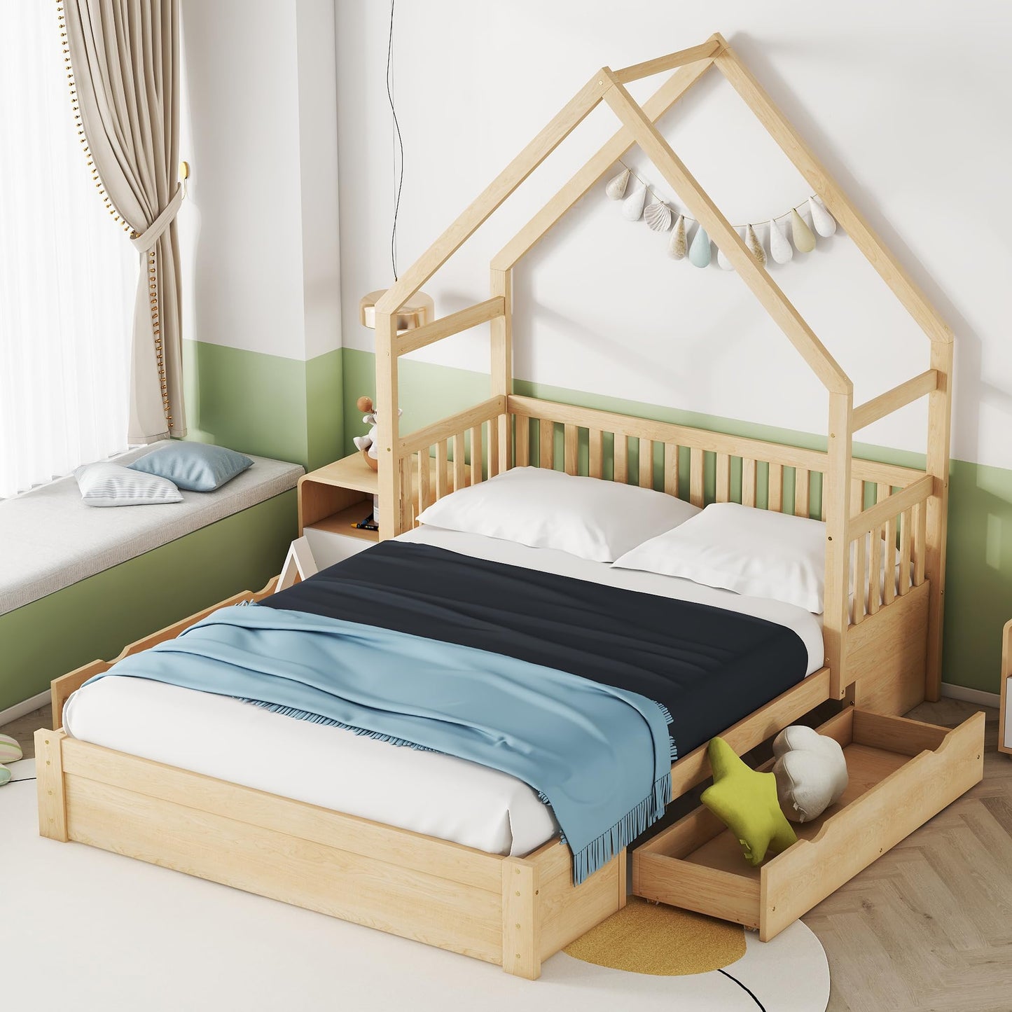 House Bed with Sofa, Storage Drawers and Shelves