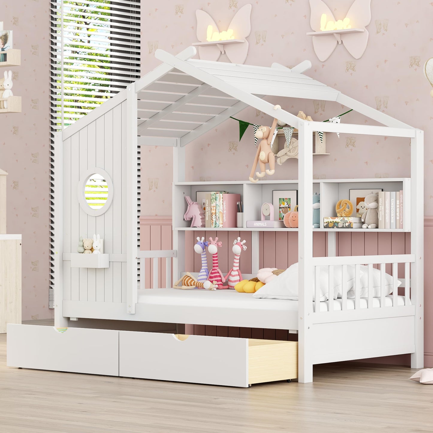 Kids House Bed Frame with Storage Shelves