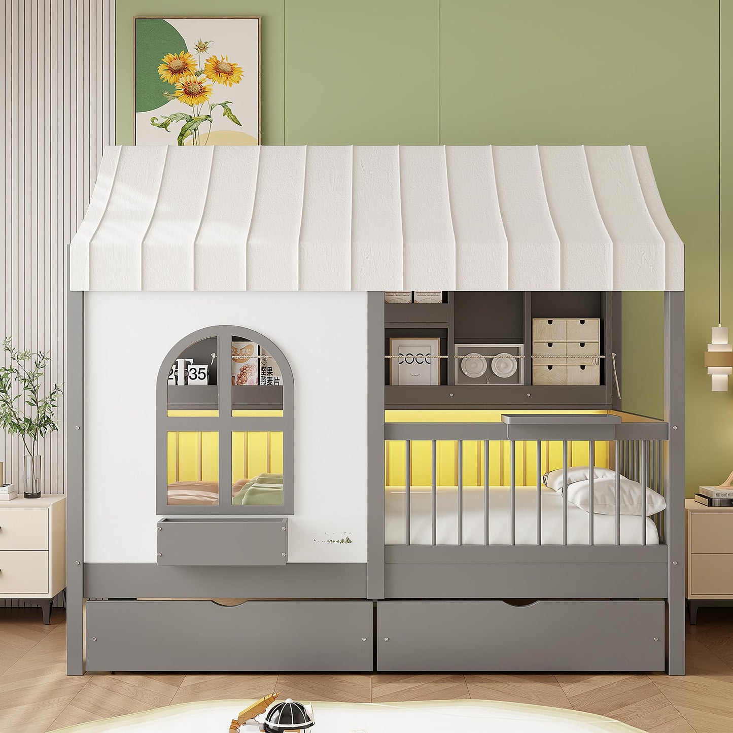 House Bed with Drawers and Bookshelf Storage
