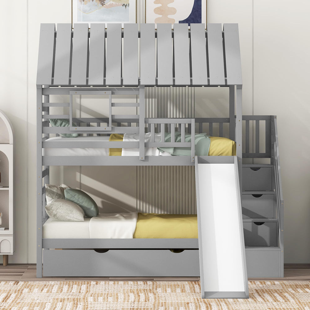 Twin House Bunk Bed with Stairs and Slide