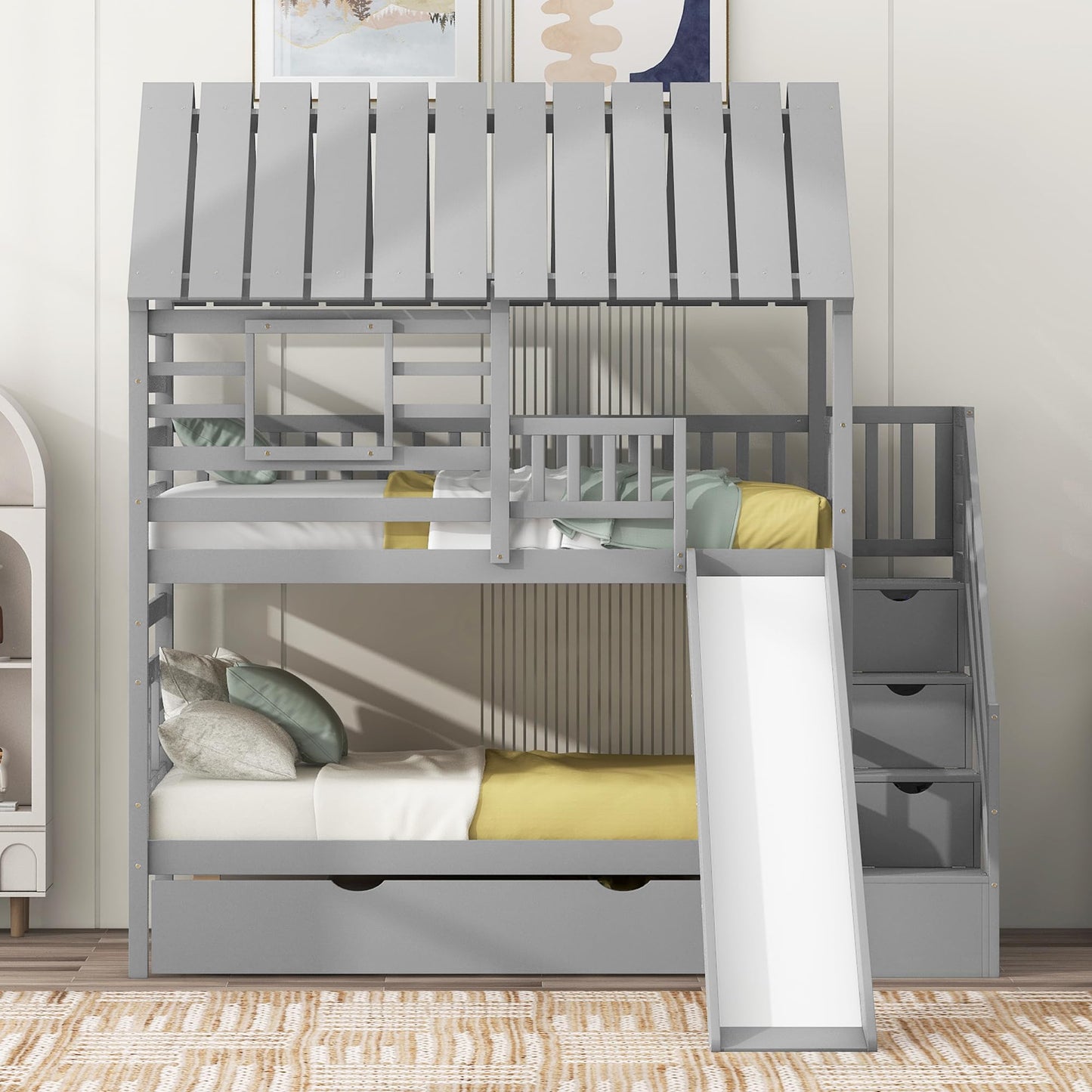 Twin House Bunk Bed with Stairs and Slide