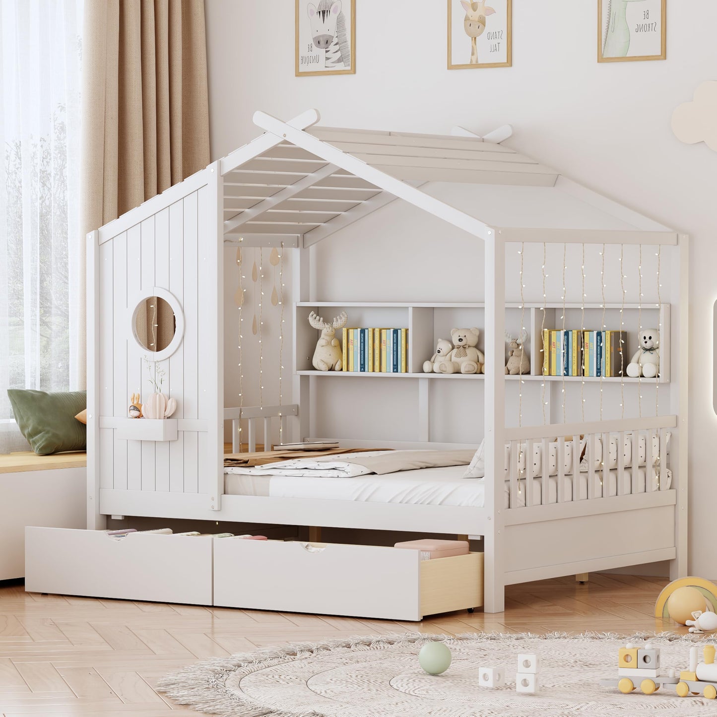 Kids House Bed Frame with Storage Shelves