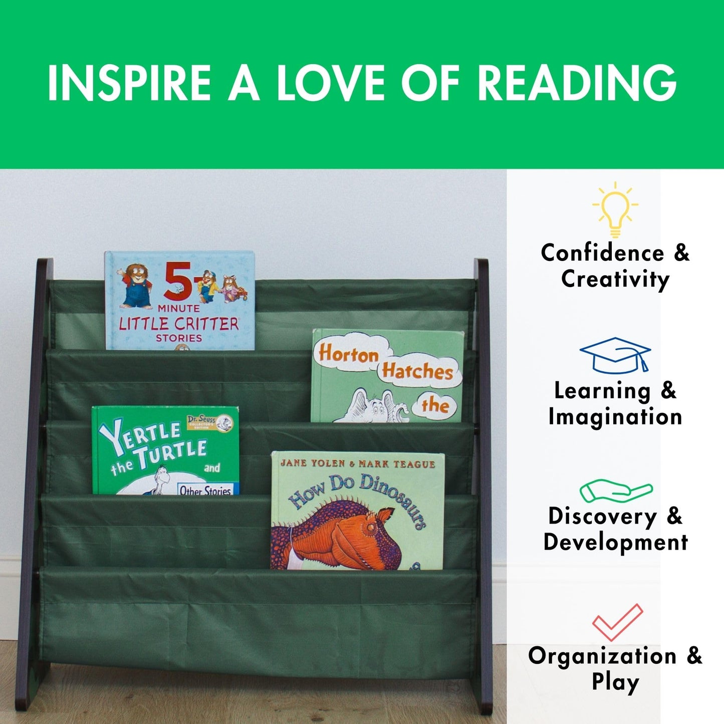 4-Tier Kids Bookshelf with Deep Sling Pockets