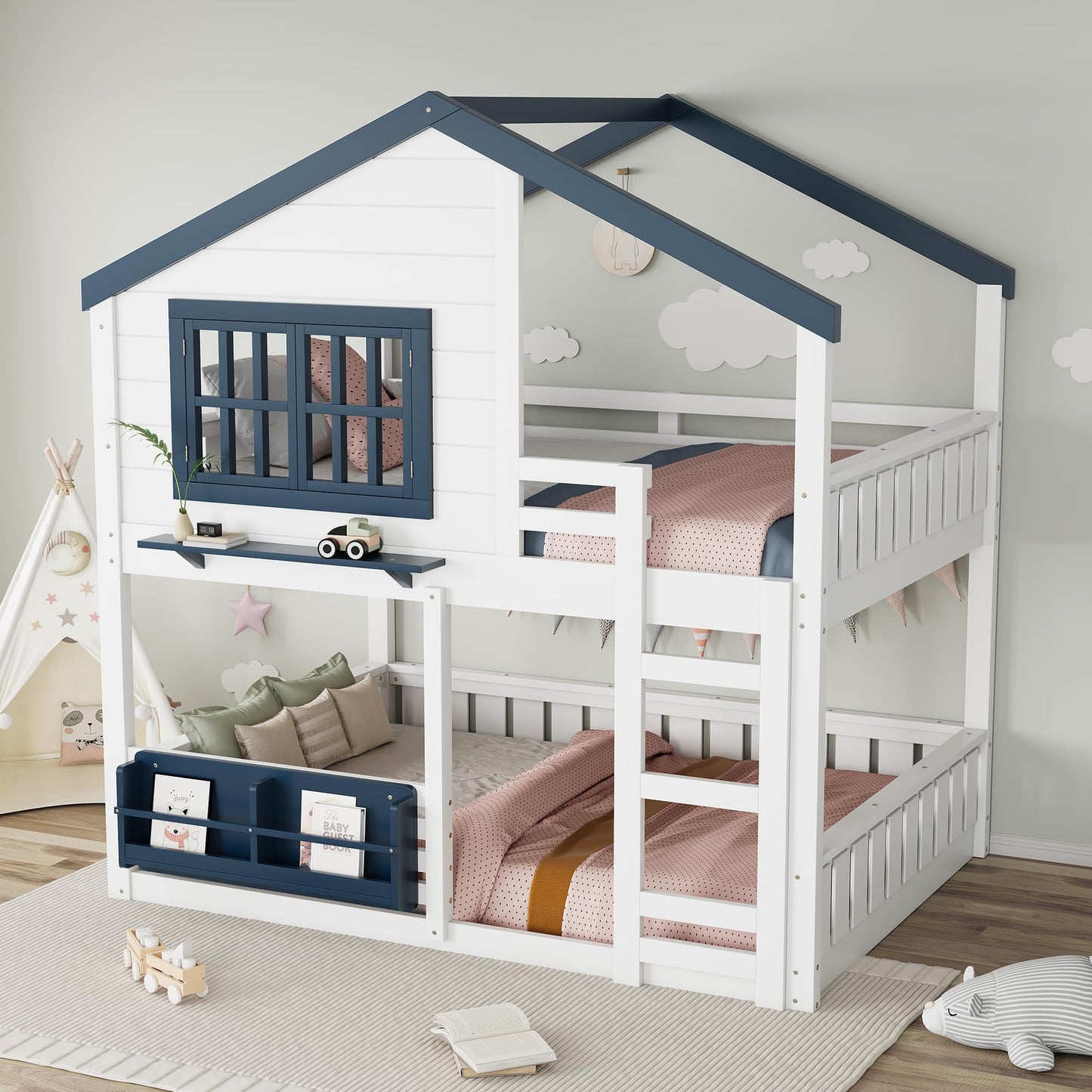 Low House Bunk Bed with Bookshelf Storage