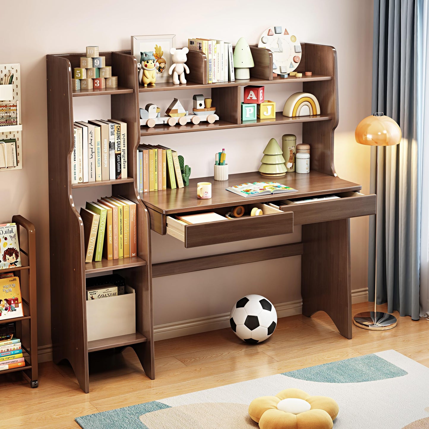 Kids Study Desk with Drawers and Bookshelf