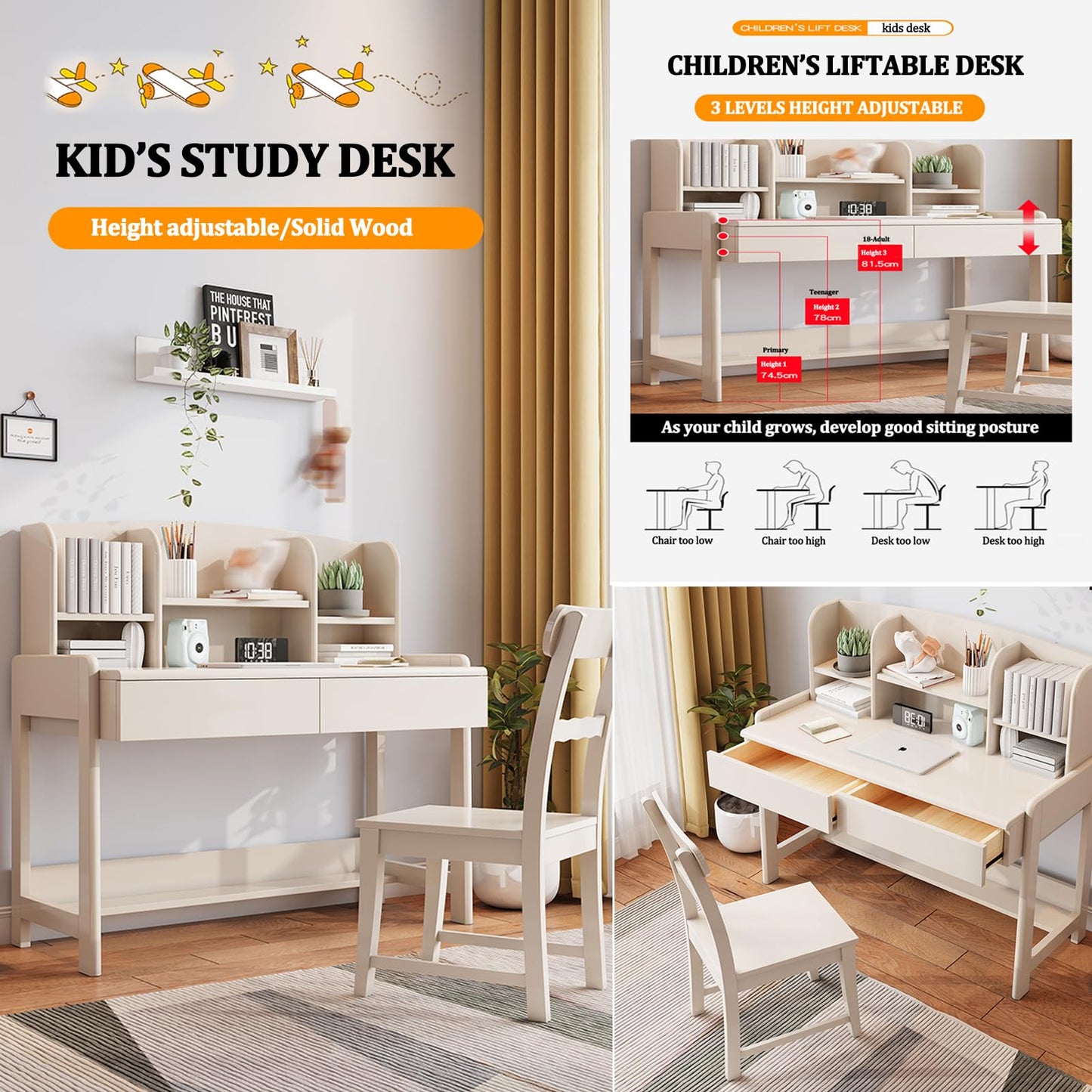 Solid Wood Kids Study Desk with Hutch & Drawer