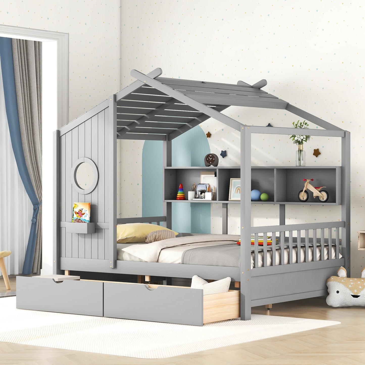 Kids House Bed Frame with Storage Shelves