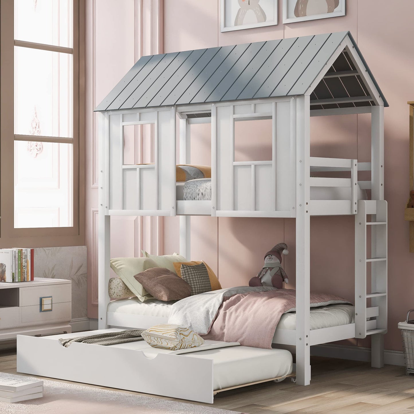 House Bed with Sofa, Storage Drawers and Shelves