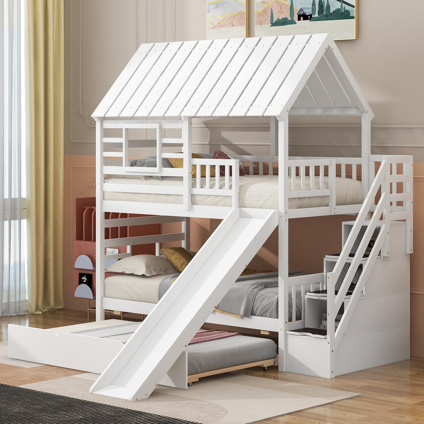 House Bed with Sofa, Storage Drawers and Shelves