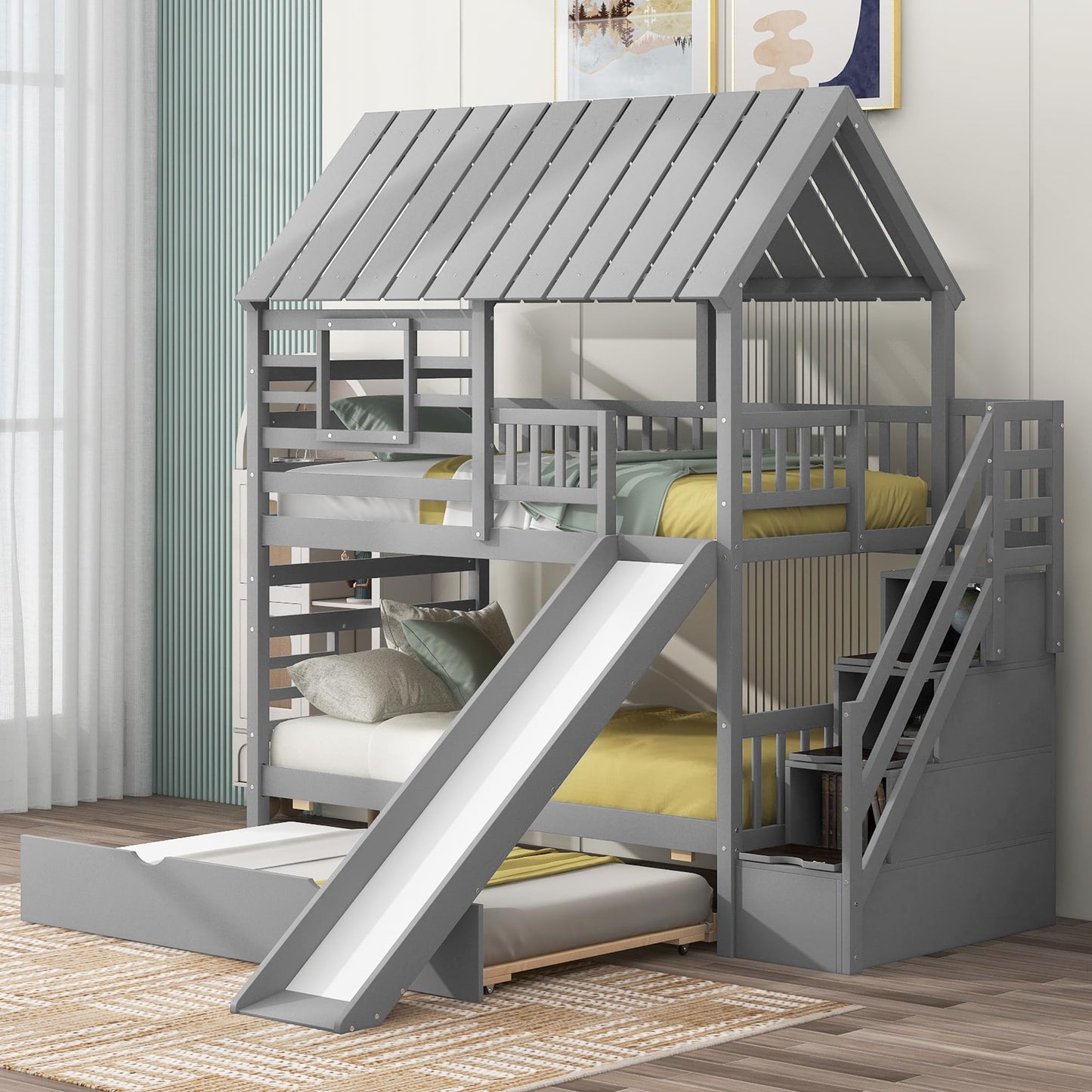 House Bed with Sofa, Storage Drawers and Shelves