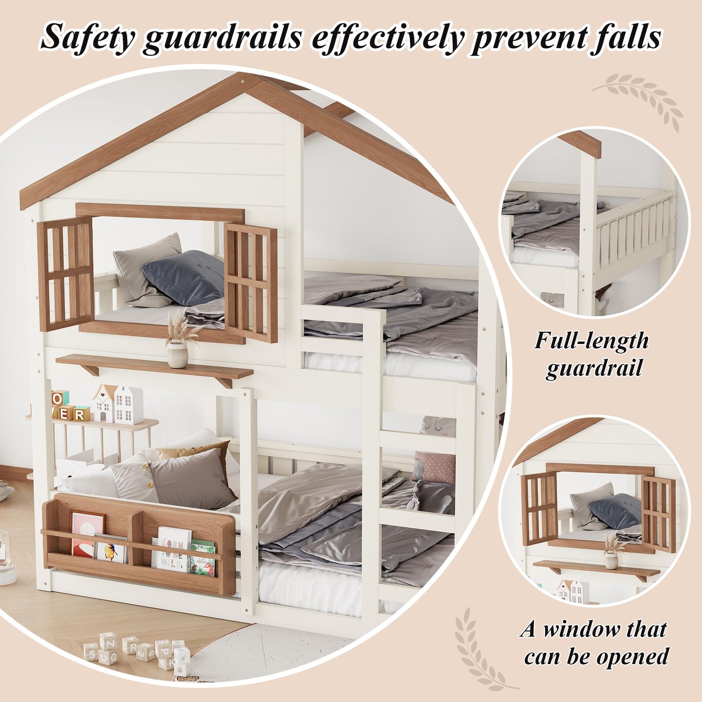 Low House Bunk Bed with Bookshelf Storage