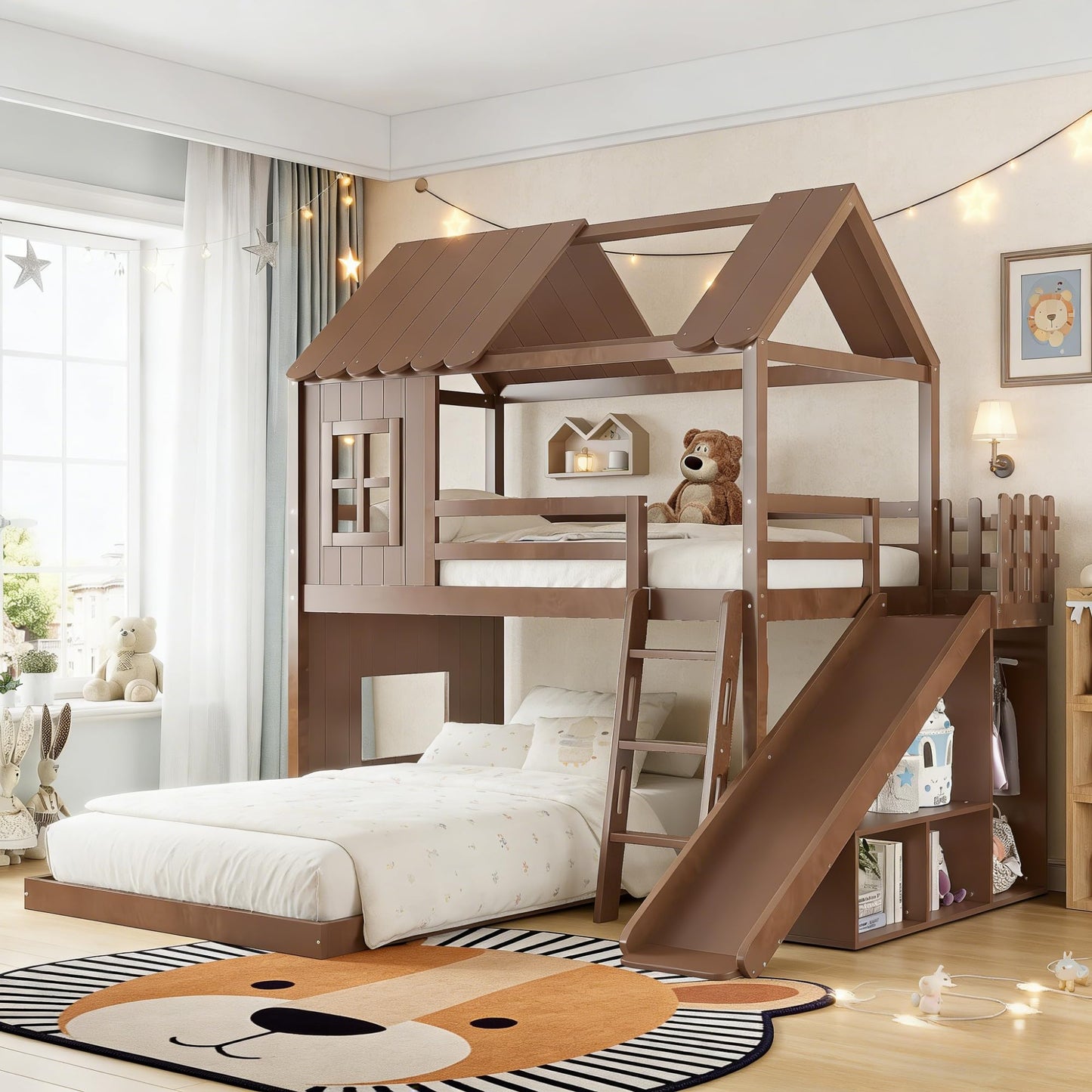 Low House Bunk Bed with Bookshelf Storage