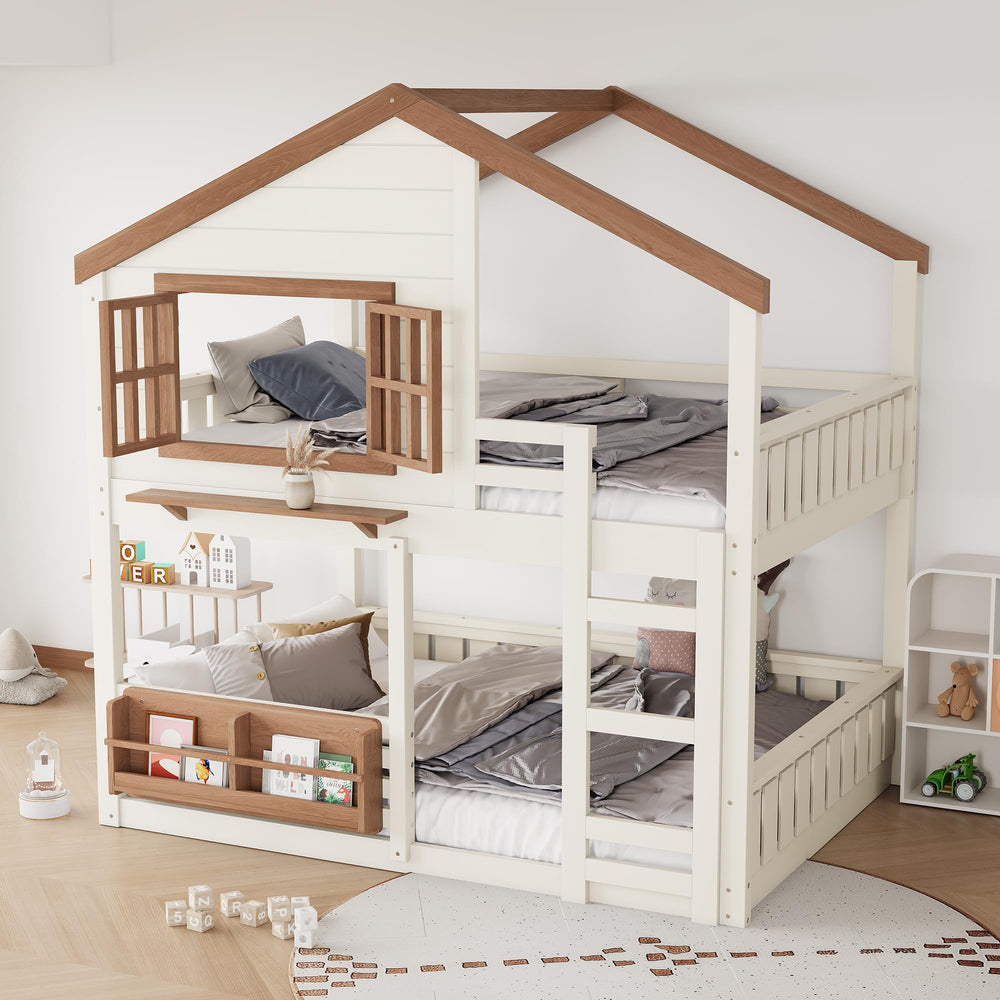 Low House Bunk Bed with Bookshelf Storage