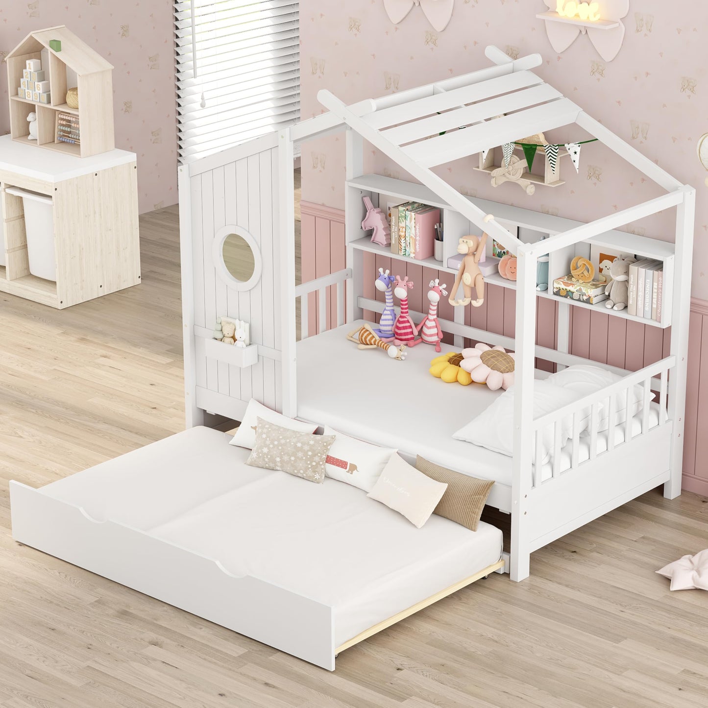 Kids House Bed Frame with Storage Shelves