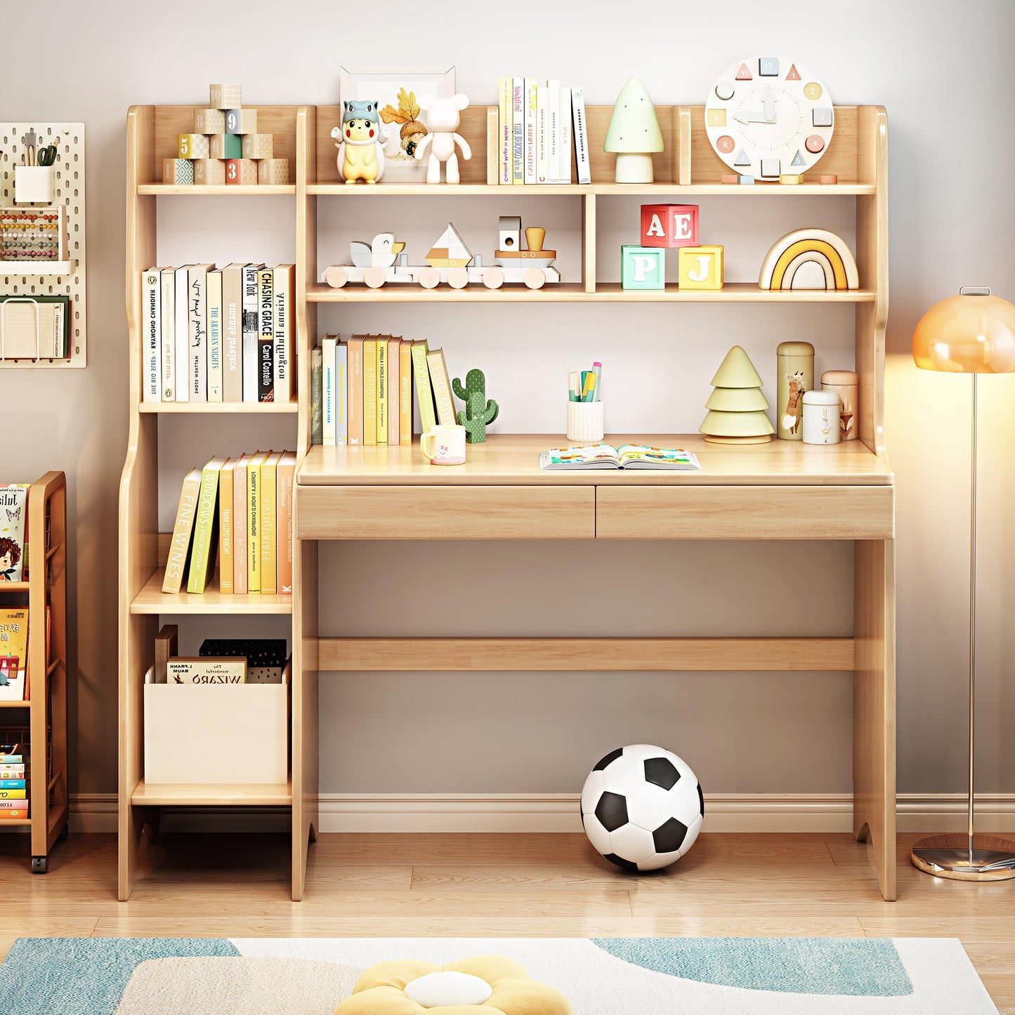 Kids Study Desk with Drawers and Bookshelf