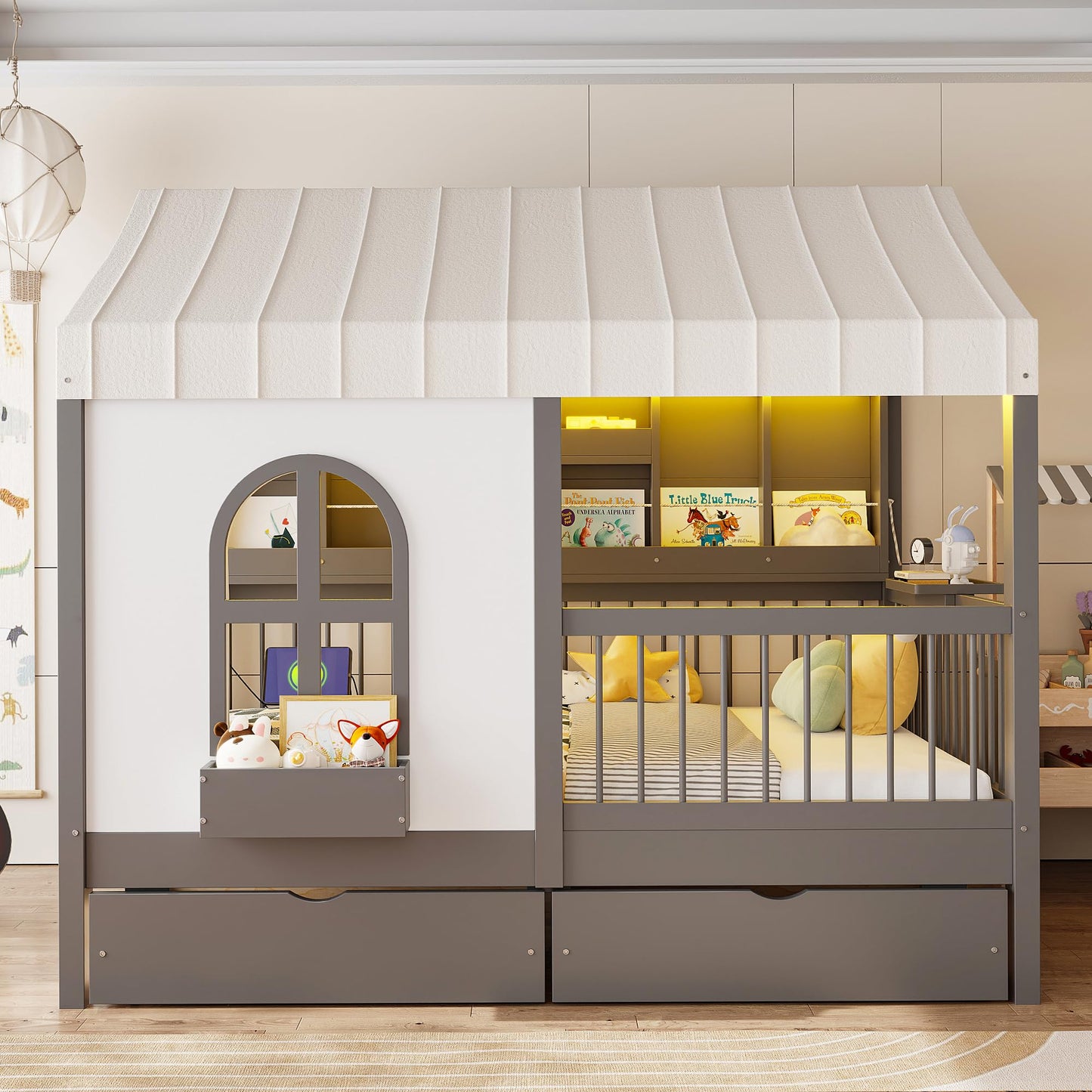 House Bed with Drawers and Bookshelf Storage
