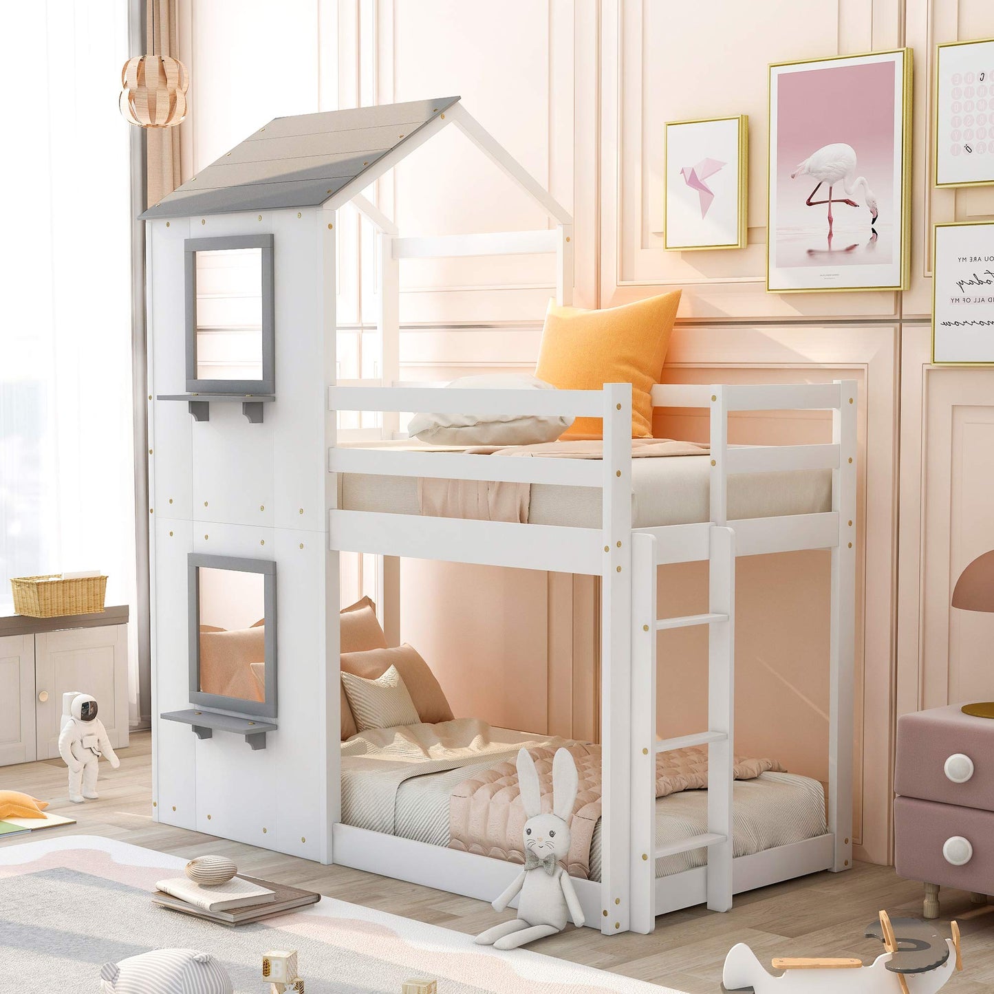 Low House Bunk Bed with Bookshelf Storage