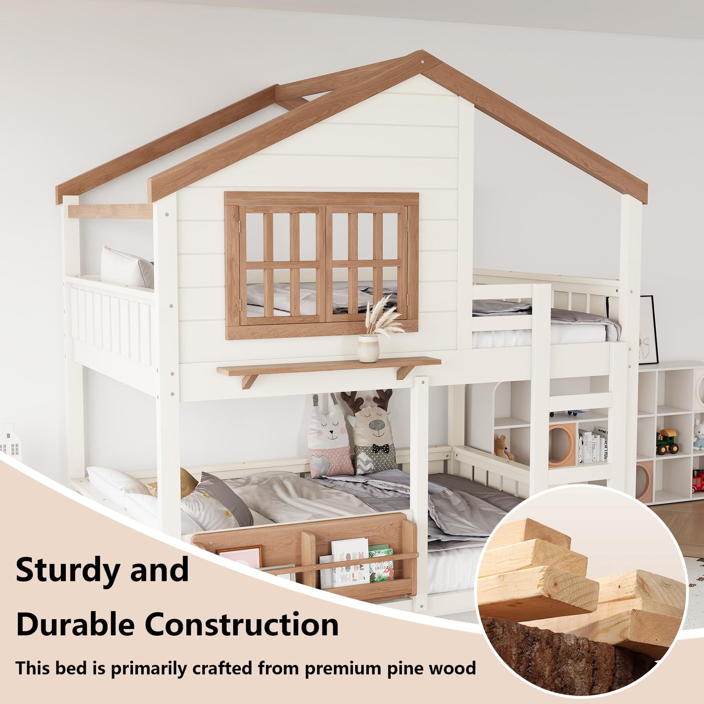Low House Bunk Bed with Bookshelf Storage