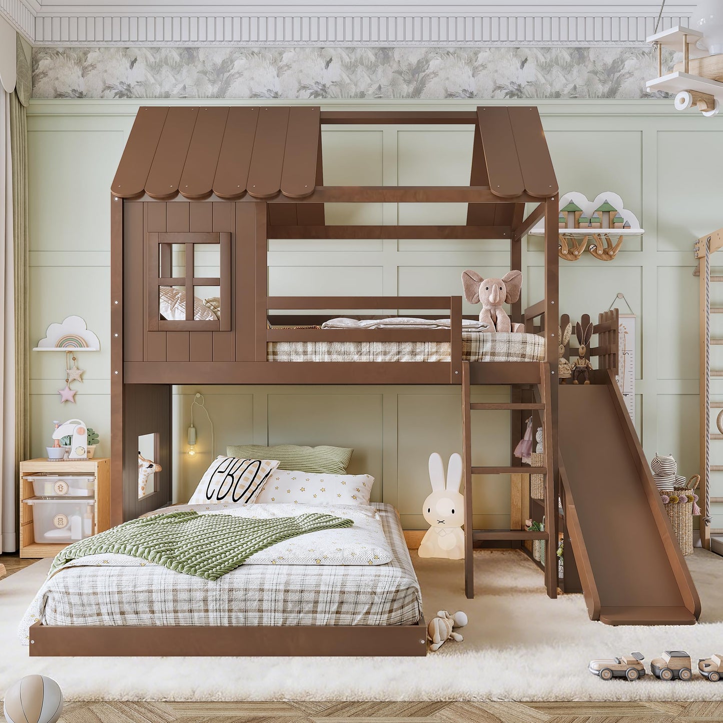 House Bunk Bed with Storage Shelves and Slide