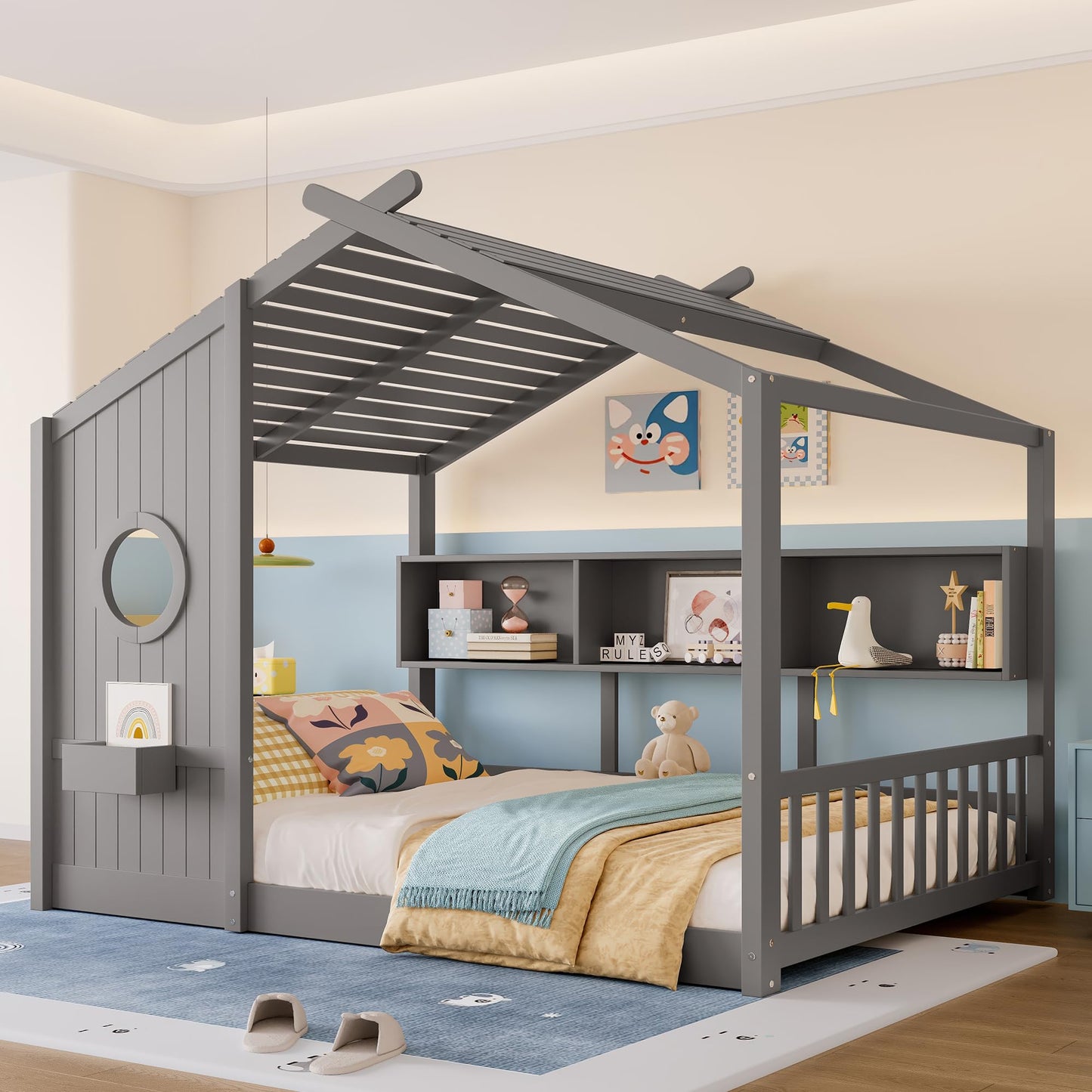 Kids House Bed Frame with Storage Shelves