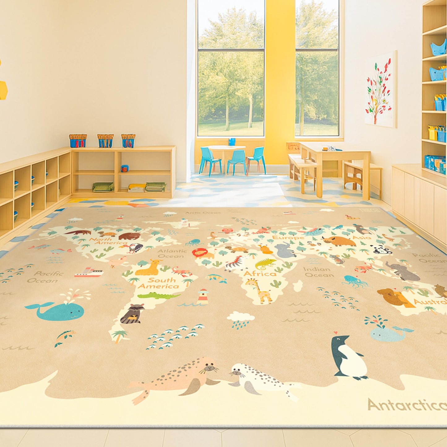 Washable Kids Play Rug with Colorful Map Design