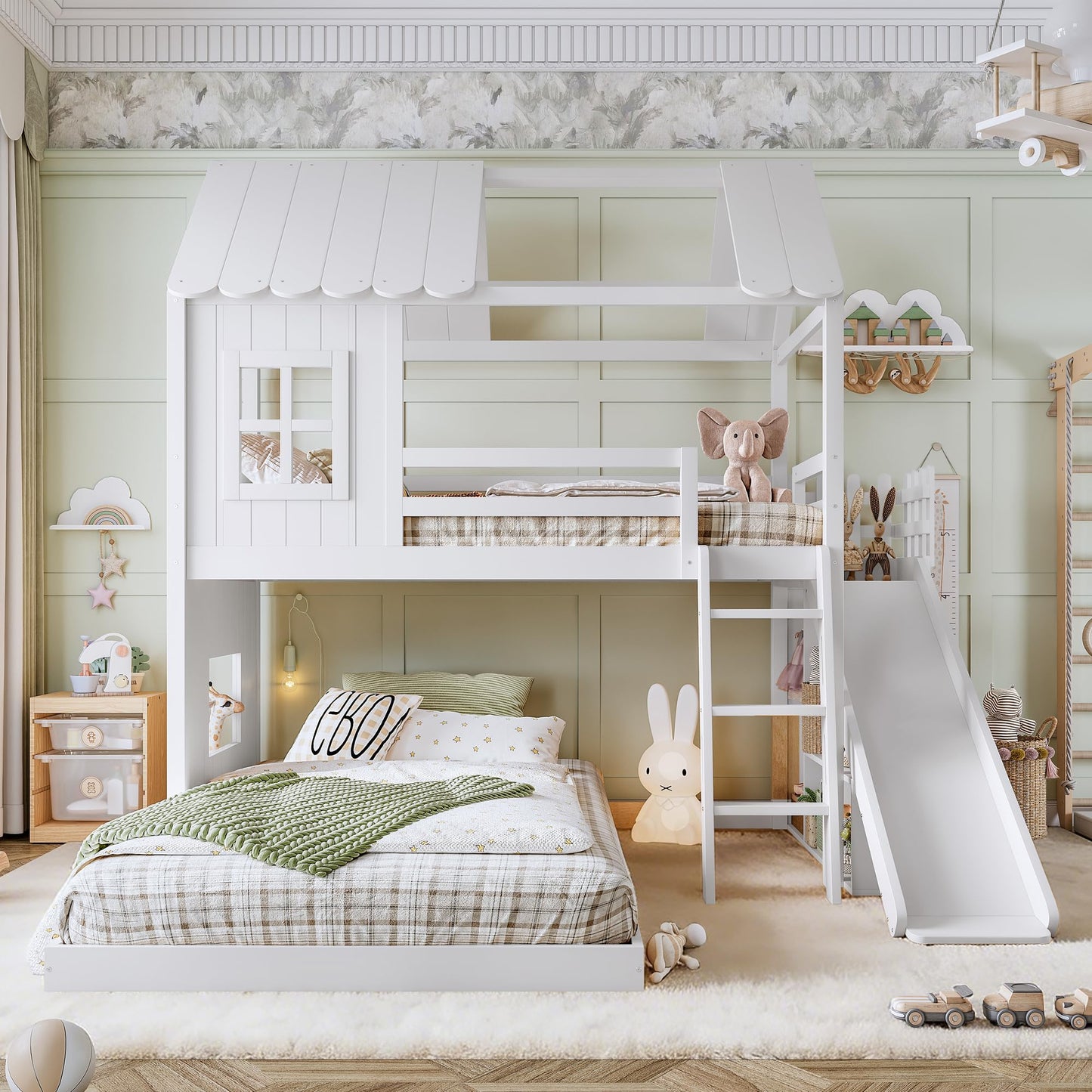 House Bunk Bed with Storage Shelves and Slide