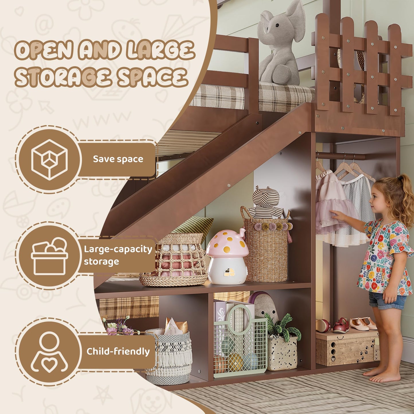 House Bunk Bed with Storage Shelves and Slide