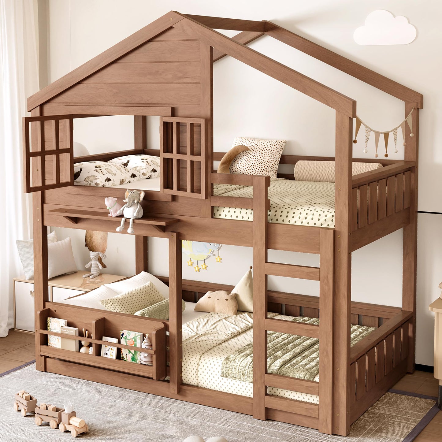 Low House Bunk Bed with Bookshelf Storage