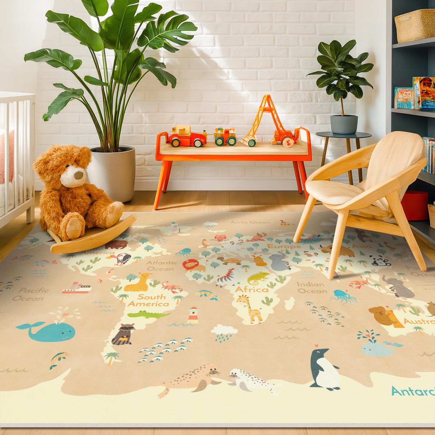 Washable Kids Play Rug with Colorful Map Design