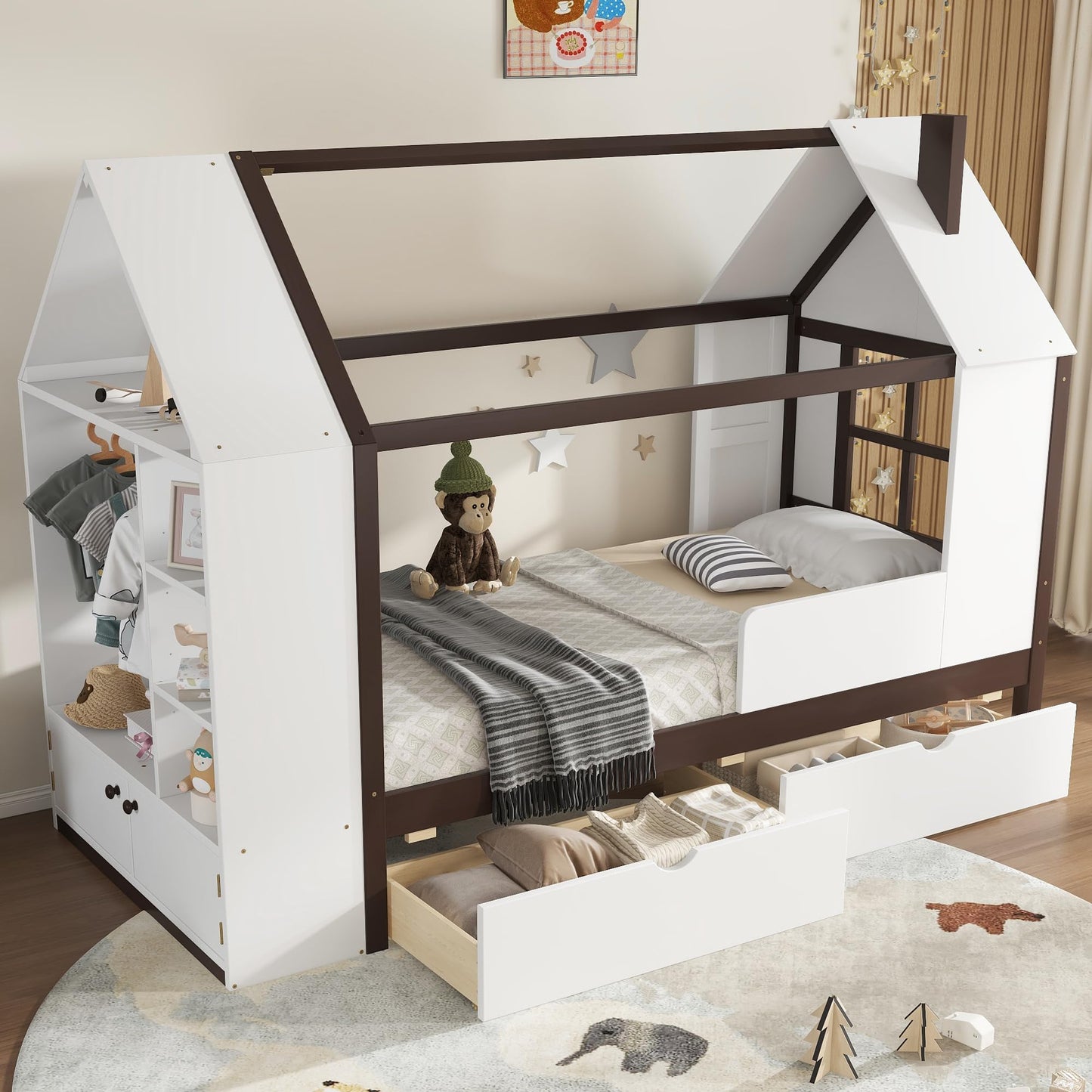 Kids House Bed Frame with Storage Shelves