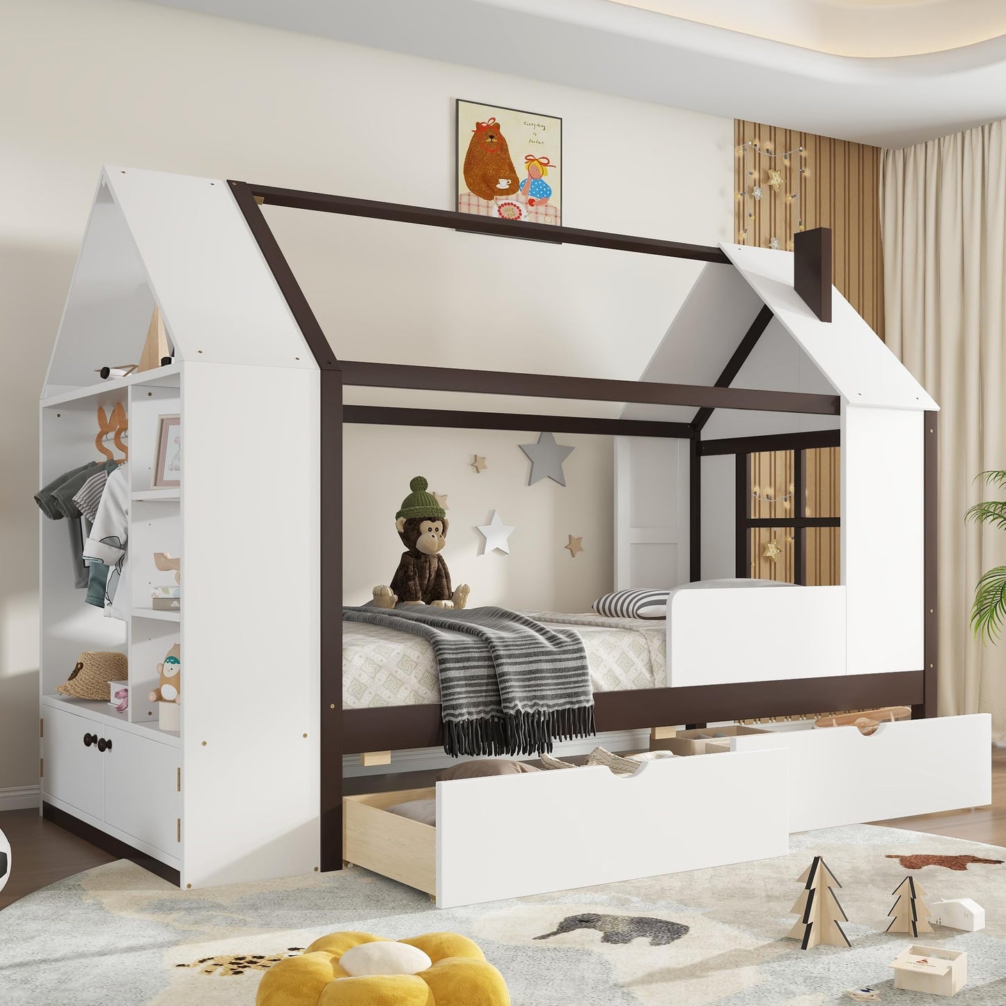 Kids House Bed Frame with Storage Shelves