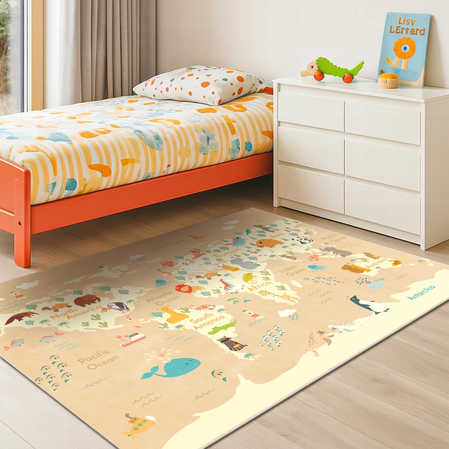 Washable Kids Play Rug with Colorful Map Design