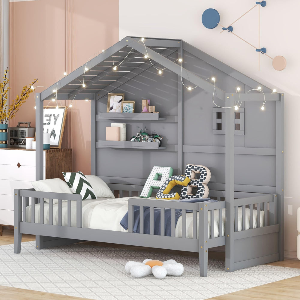 House Bed with Sofa, Storage Drawers and Shelves
