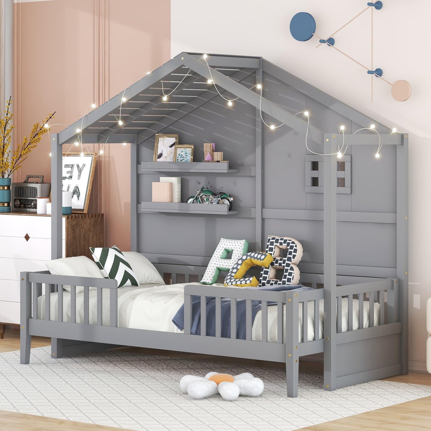 House Bed with Sofa, Storage Drawers and Shelves