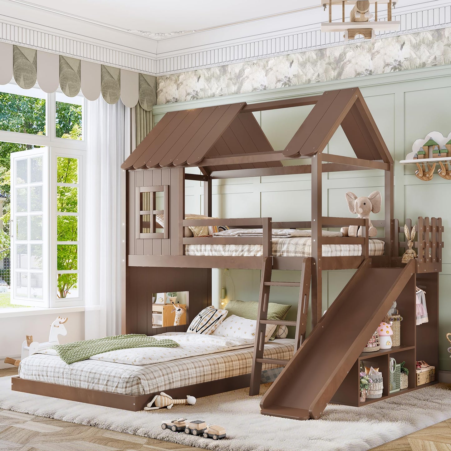 House Bunk Bed with Storage Shelves and Slide