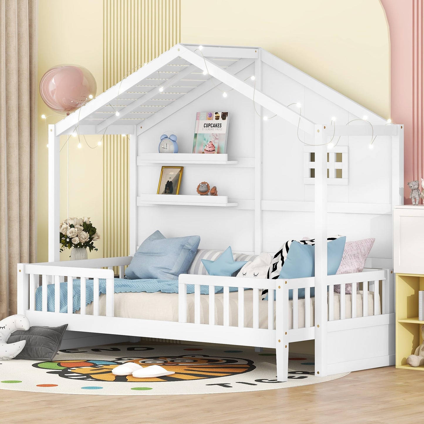 House Bed with Sofa, Storage Drawers and Shelves